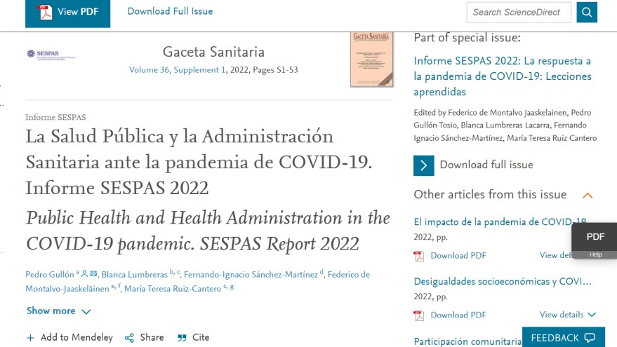 (Español) Presentación Informe Sespas 2022 coeditado por Blanca Lumbreras: “La Salud Pública y la Administración Sanitaria ante la pandemia de COVID-19”
